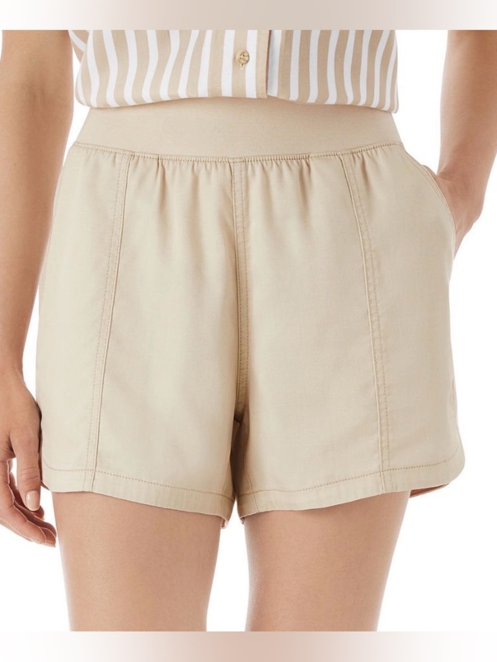 Women's Khaki Elastic-Waist Tencel Shorts - Picture 3 of 5